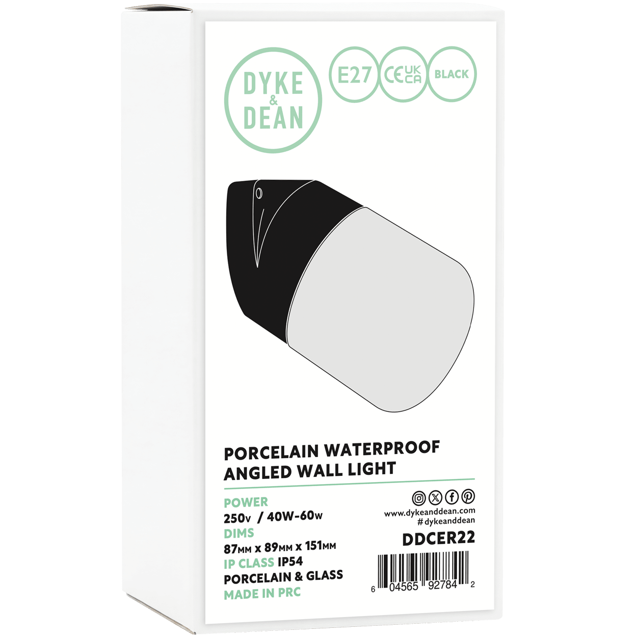 BLACK GLOBE PORCELAIN WATERPROOF ANGLED WALL LIGHT - DYKE & DEAN
