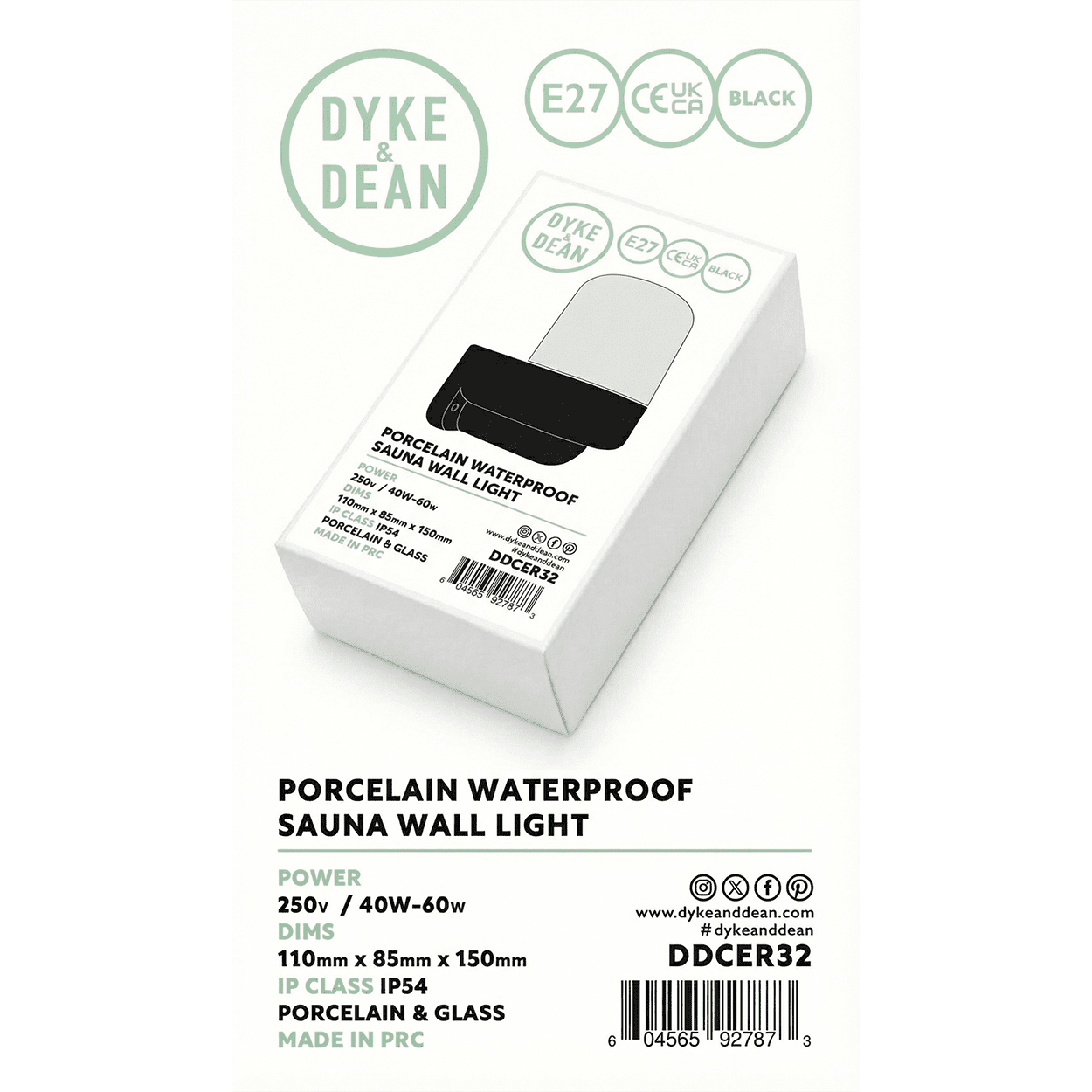 BLACK GLOBE PORCELAIN WATERPROOF SAUNA WALL LIGHT - DYKE & DEAN