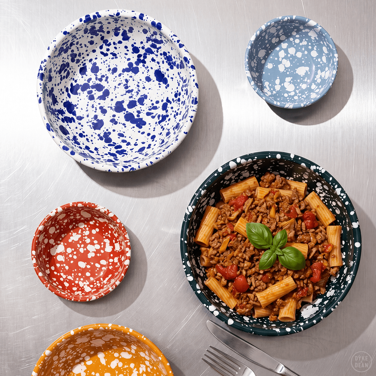 CREAM & BLUE LARGE SPLATTER ENAMEL BOWL - DYKE & DEAN