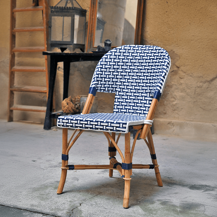 FRENCH BISTRO RATTAN CHAIR BASKET WEAVE WHITE NAVY - DYKE & DEAN