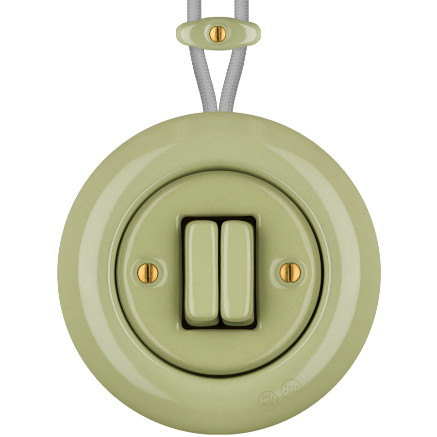 PORCELAIN KATY PATY COLONA ROUND SURFACE MOUNTED DOUBLE SLIM BUTTON SWITCH MOSS GREEN - DYKE & DEAN