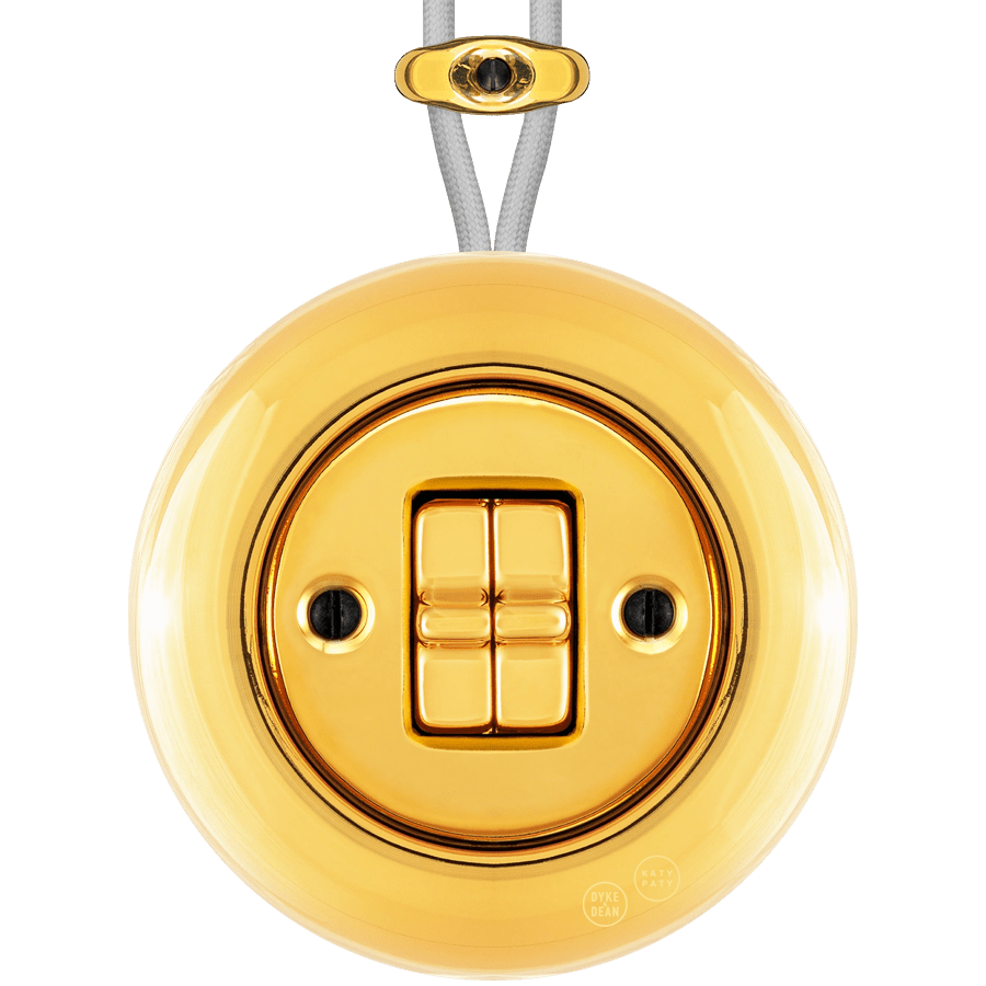PORCELAIN KATY PATY COLONA ROUND SURFACE MOUNTED DOUBLE TOGGLE BUTTON SWITCH GOLD - DYKE & DEAN