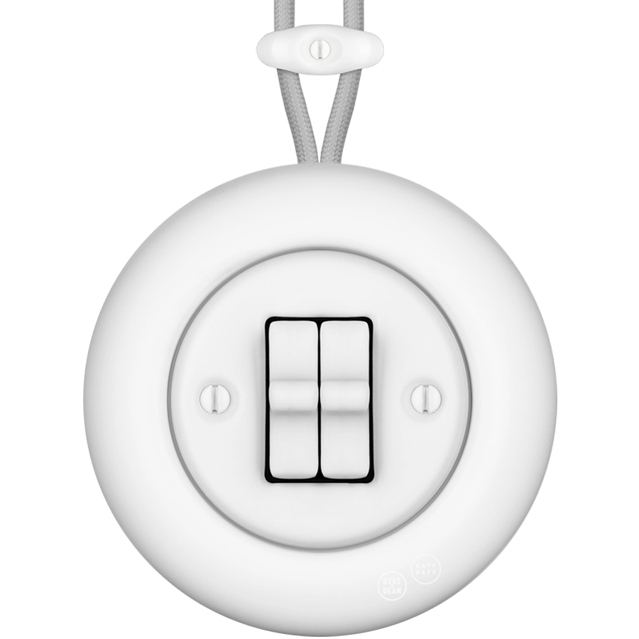 PORCELAIN KATY PATY COLONA ROUND SURFACE MOUNTED DOUBLE TOGGLE BUTTON SWITCH MATTE WHITE - DYKE & DEAN