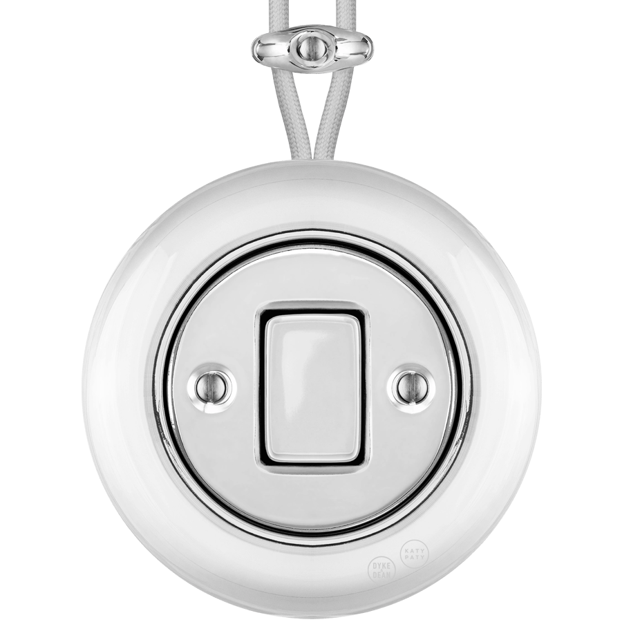 PORCELAIN KATY PATY COLONA ROUND SURFACE MOUNTED FAT BUTTON SWITCH CHROME - DYKE & DEAN