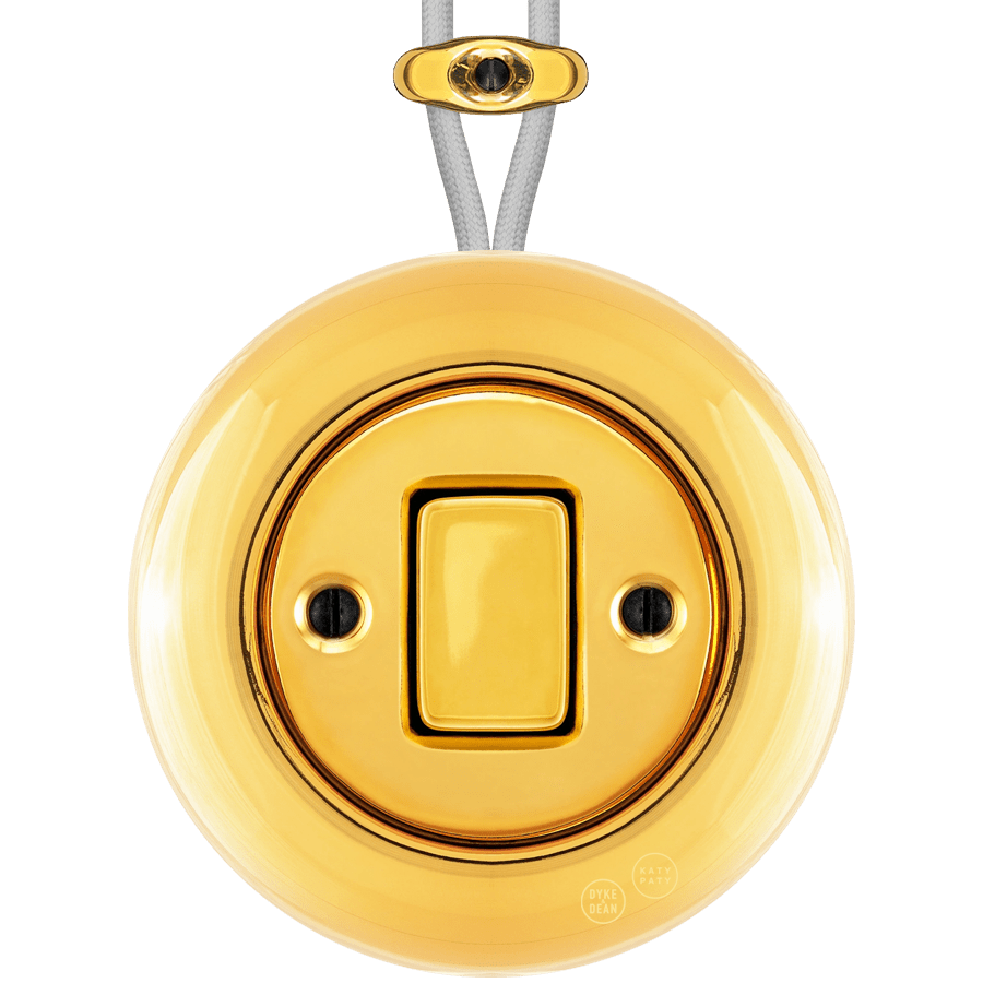 PORCELAIN KATY PATY COLONA ROUND SURFACE MOUNTED FAT BUTTON SWITCH GOLD - DYKE & DEAN