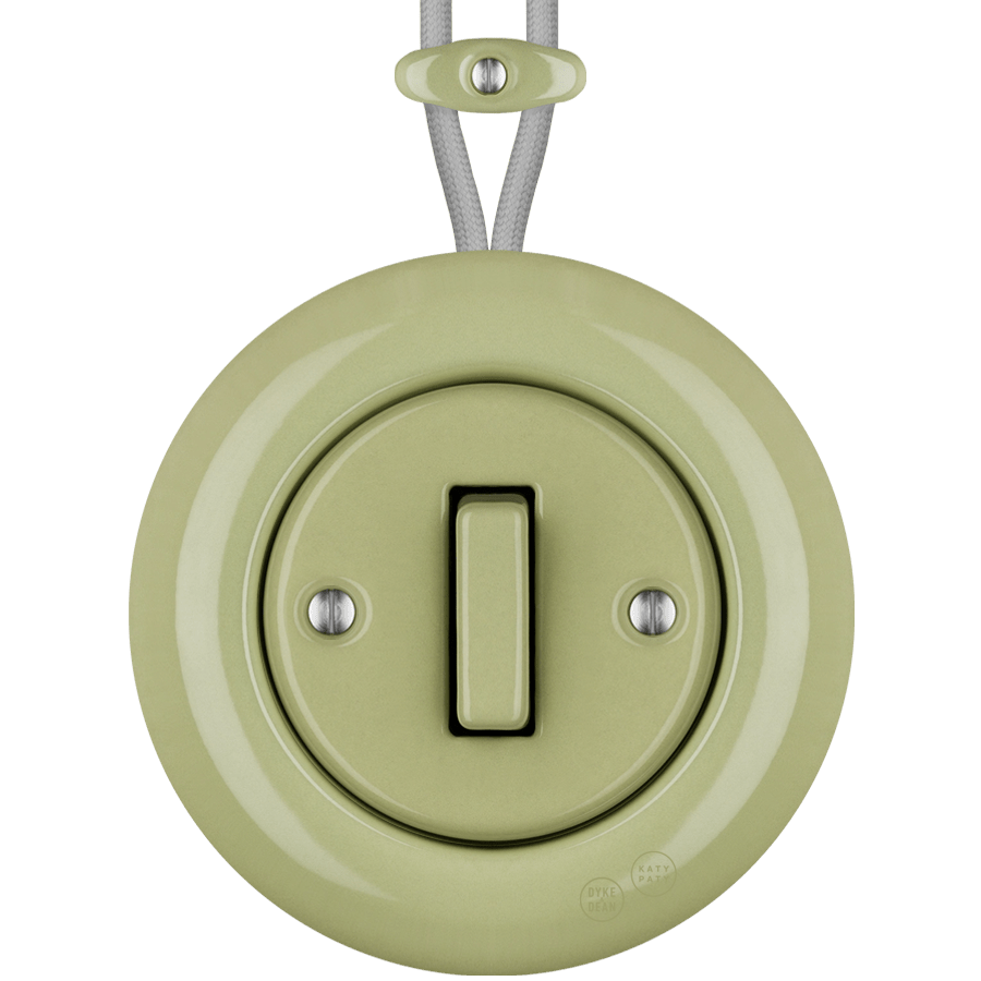 PORCELAIN KATY PATY COLONA ROUND SURFACE MOUNTED SLIM BUTTON SWITCH MOSS GREEN - DYKE & DEAN