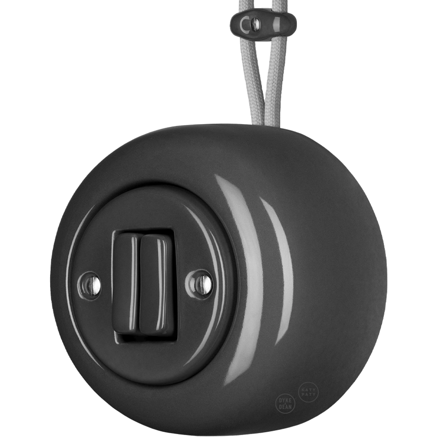 PORCELAIN ROUND SURFACE MOUNTED DOUBLE SLIM BUTTON SWITCH DARK GREY - DYKE & DEAN