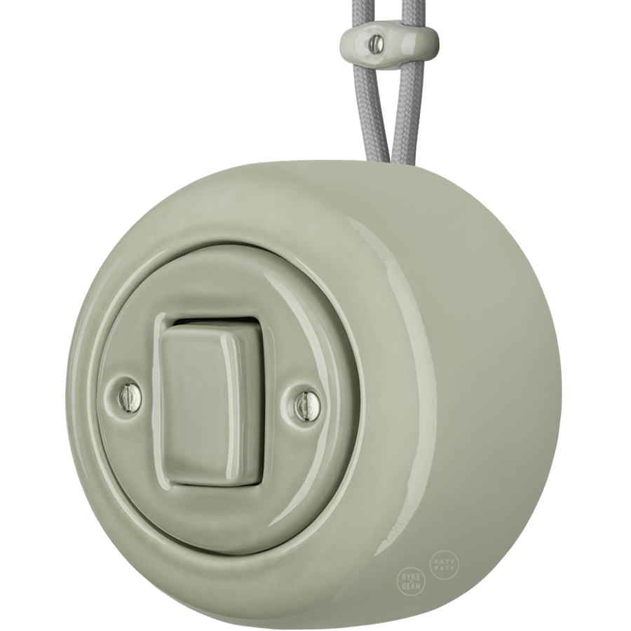 PORCELAIN ROUND SURFACE MOUNTED FAT BUTTON SWITCH GREY GREEN - DYKE & DEAN