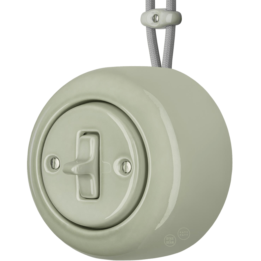 PORCELAIN ROUND SURFACE MOUNTED TOGGLE BUTTON SWITCH GREY GREEN - DYKE & DEAN