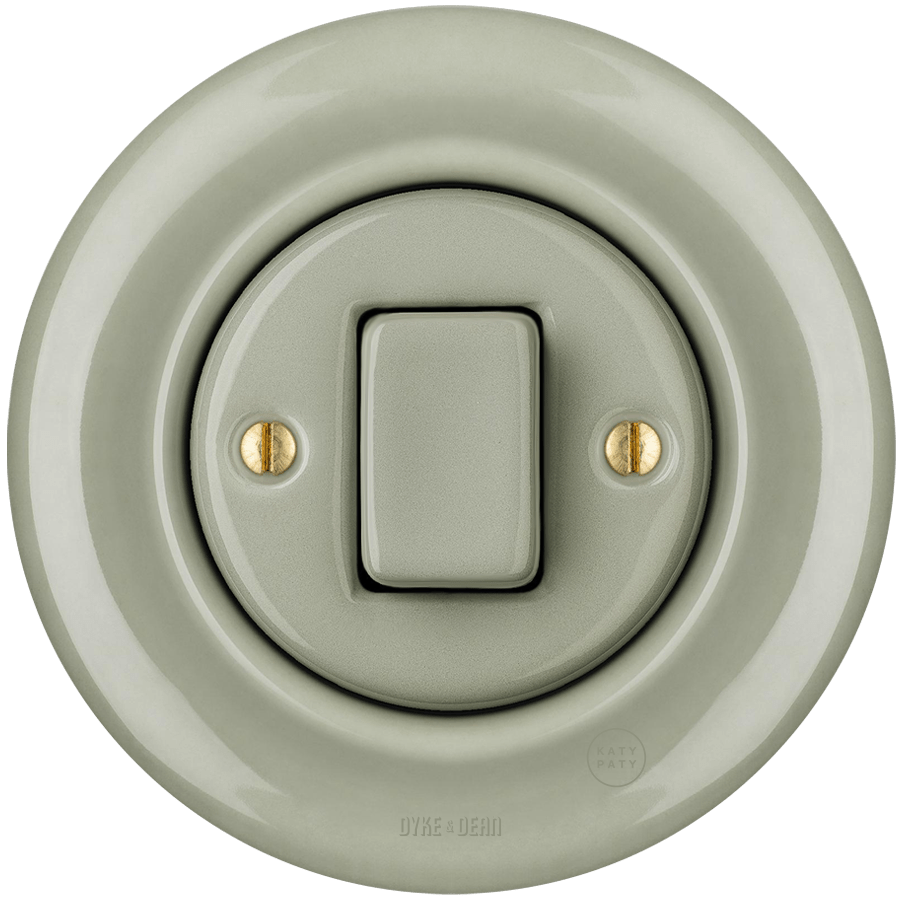 PORCELAIN WALL LIGHT SWITCH GREY GREEN FAT BUTTON - DYKE & DEAN