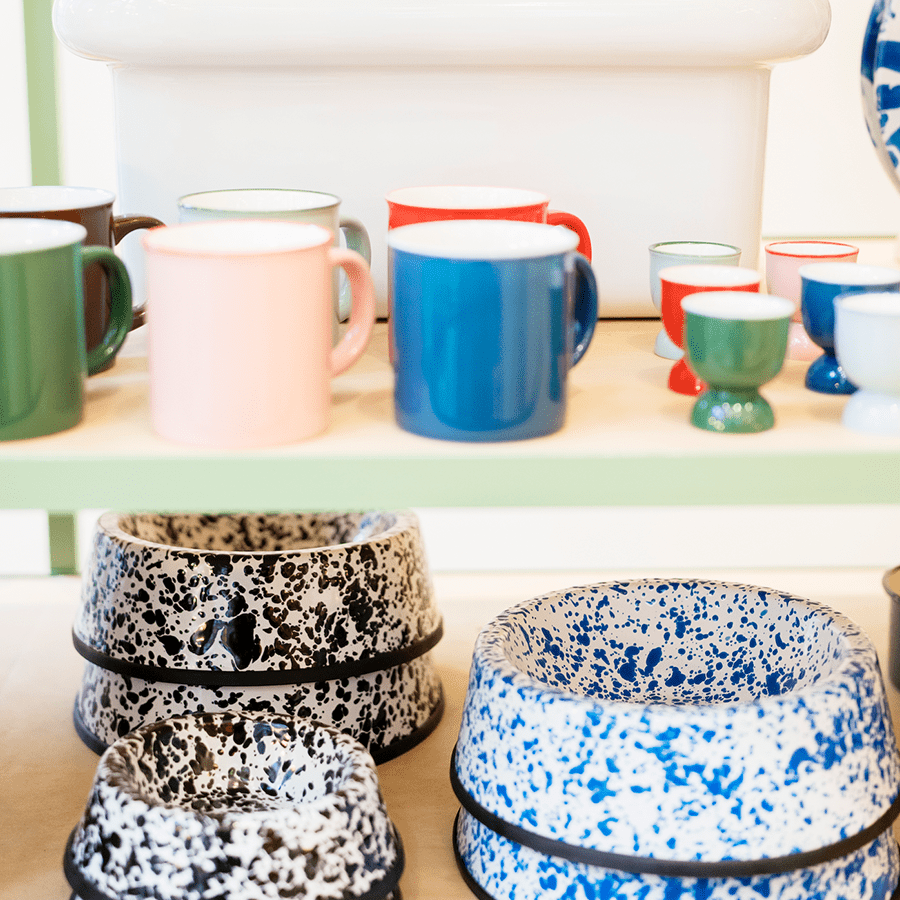 SPLATTERWARE ENAMEL DOG BOWL BLUE & WHITE - DYKE & DEAN