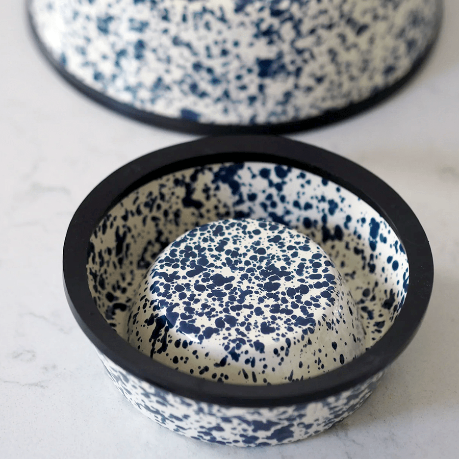 SPLATTERWARE ENAMEL DOG BOWL NAVY & CREAM - DYKE & DEAN