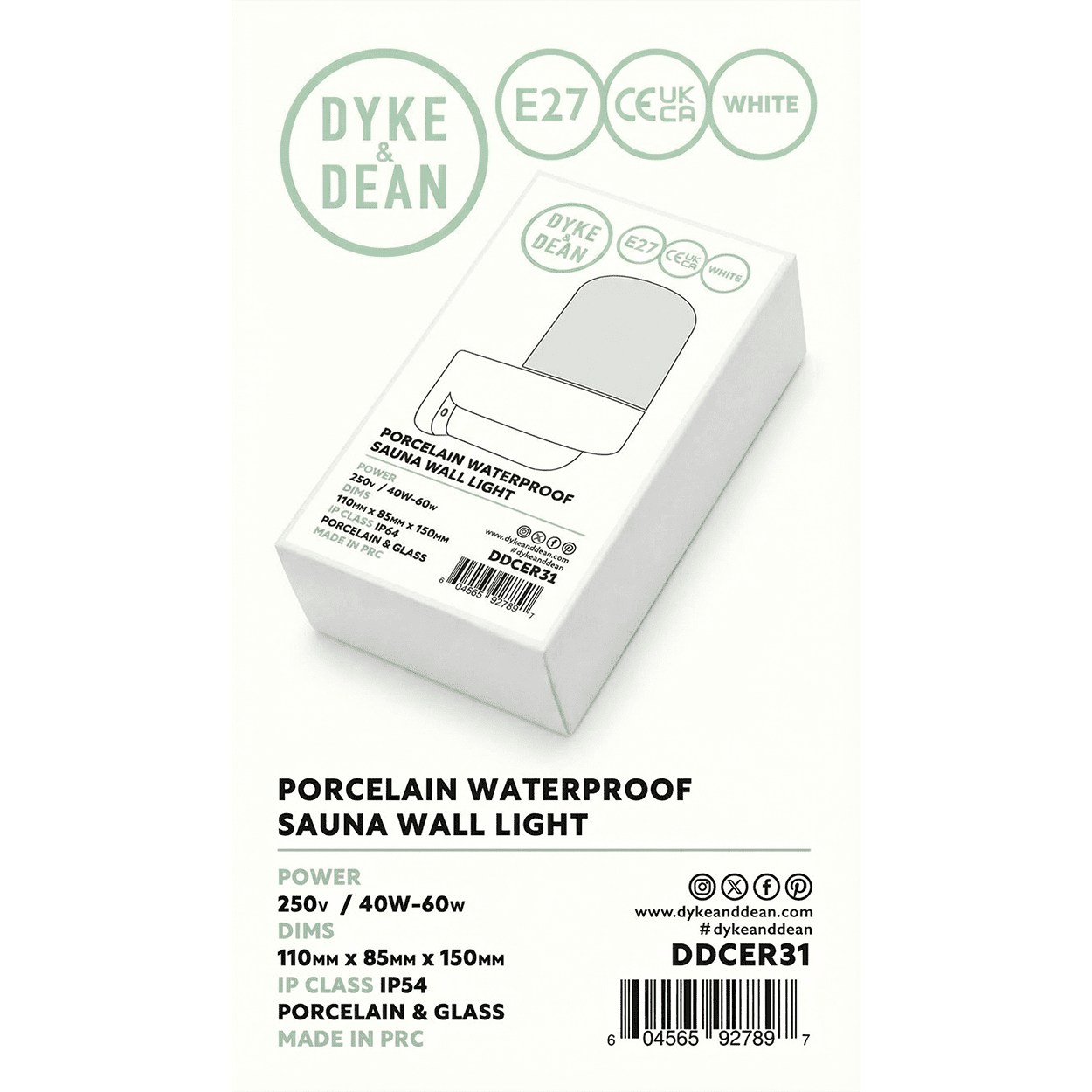 WHITE CLEAR PORCELAIN WATERPROOF SAUNA WALL LIGHT - DYKE & DEAN