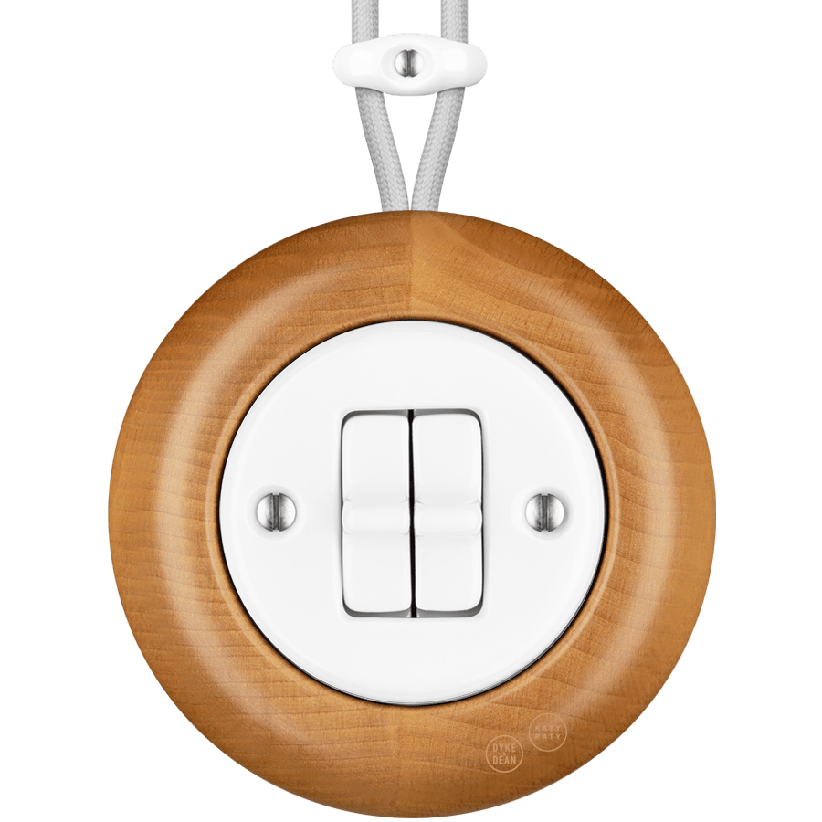 WOODEN PORCELAIN SURFACE MOUNTED FAGUS DOUBLE TOGGLE SWITCH - DYKE & DEAN