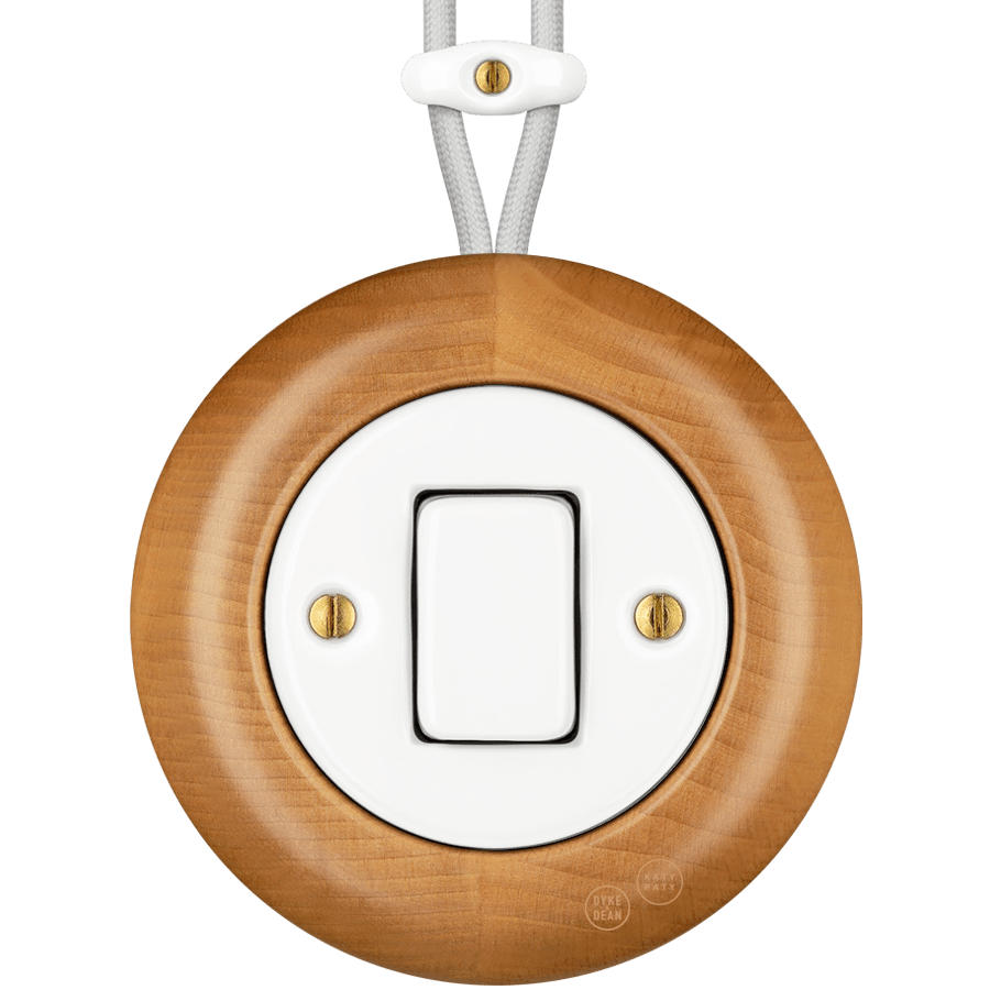 WOODEN PORCELAIN SURFACE MOUNTED FAGUS FAT BUTTON SWITCH - DYKE & DEAN