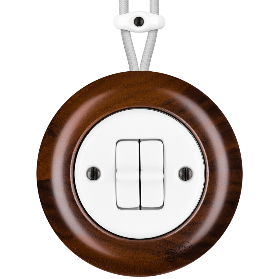 WOODEN PORCELAIN SURFACE MOUNTED NUC MAG DOUBLE TOGGLE SWITCH - DYKE & DEAN