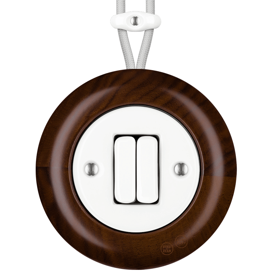 WOODEN PORCELAIN SURFACE MOUNTED NUCLEUS DOUBLE SLIM BUTTON SWITCH - DYKE & DEAN