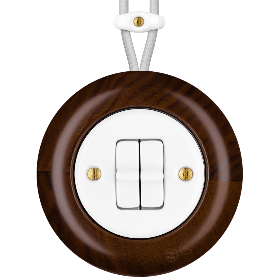 WOODEN PORCELAIN SURFACE MOUNTED NUCLEUS DOUBLE TOGGLE SWITCH - DYKE & DEAN