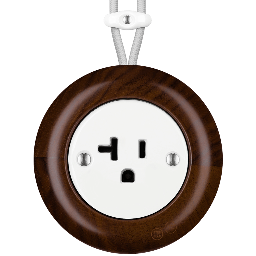 WOODEN PORCELAIN SURFACE MOUNTED NUCLEUS SOCKET USA 20AMP - DYKE & DEAN