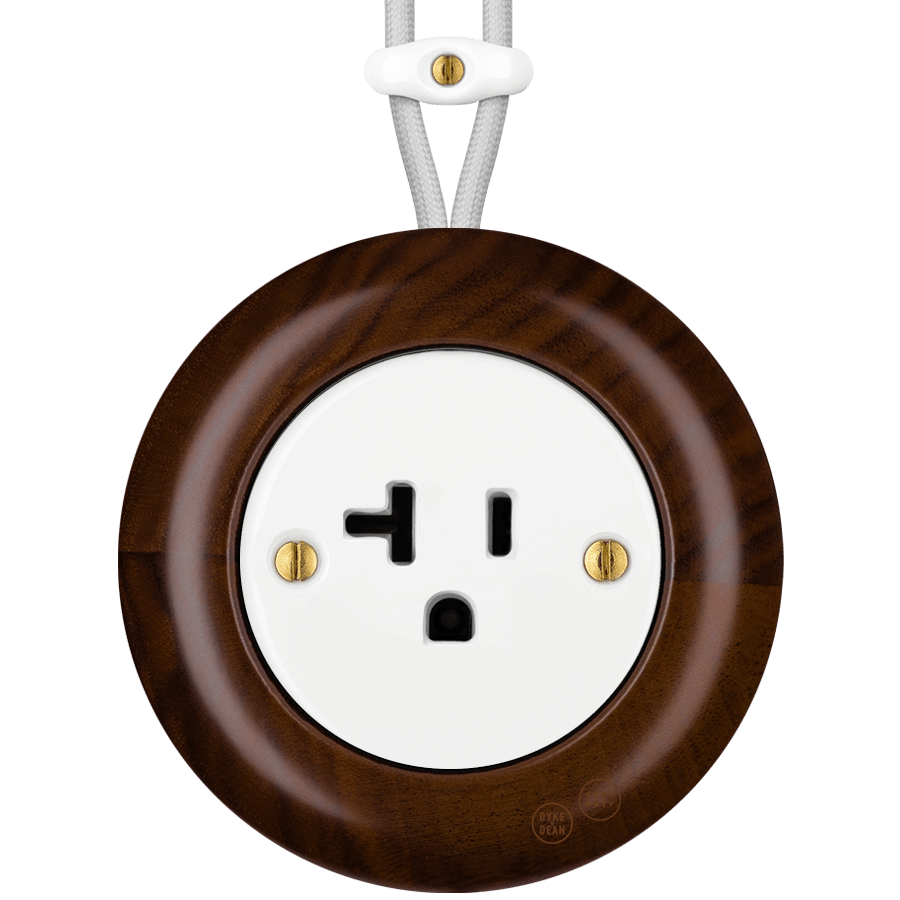 WOODEN PORCELAIN SURFACE MOUNTED NUCLEUS SOCKET USA 20AMP - DYKE & DEAN