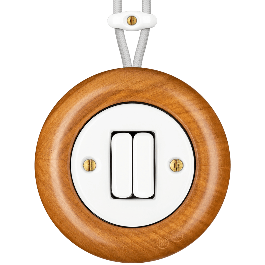 WOODEN PORCELAIN SURFACE MOUNTED PADELUS DOUBLE SLIM BUTTON SWITCH - DYKE & DEAN