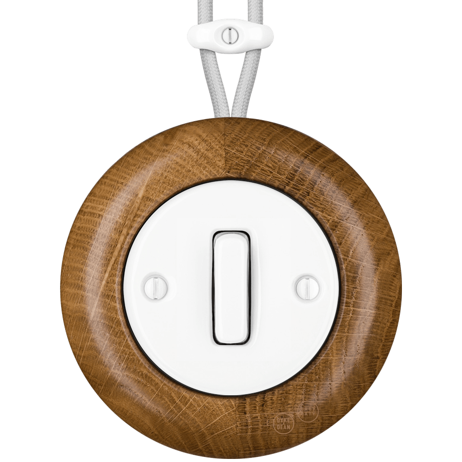 WOODEN PORCELAIN SURFACE MOUNTED ROBUS SLIM BUTTON SWITCH - DYKE & DEAN