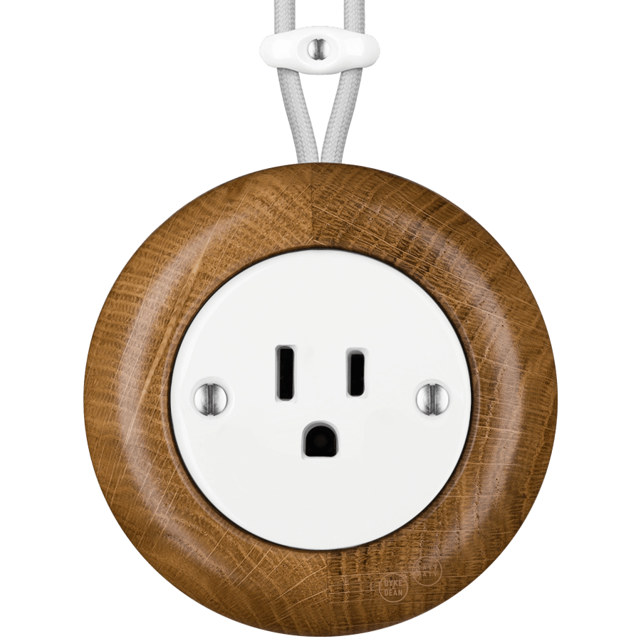WOODEN PORCELAIN SURFACE MOUNTED ROBUS SOCKET USA 15AMP - DYKE & DEAN