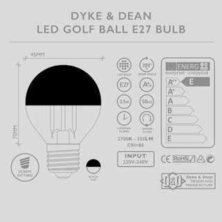 DYKE & DEAN LED BLACK CAP E27 GOLF BALL BULB - DYKE & DEAN