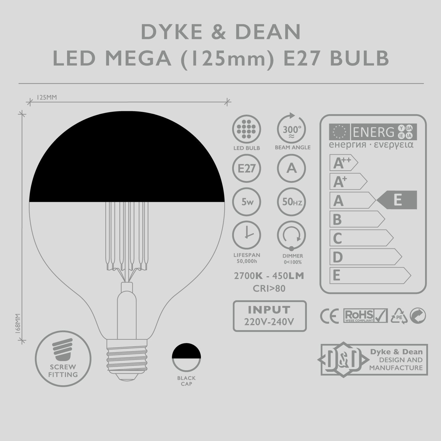 DYKE & DEAN LED BLACK CAP MEGA BULB E27 - DYKE & DEAN
