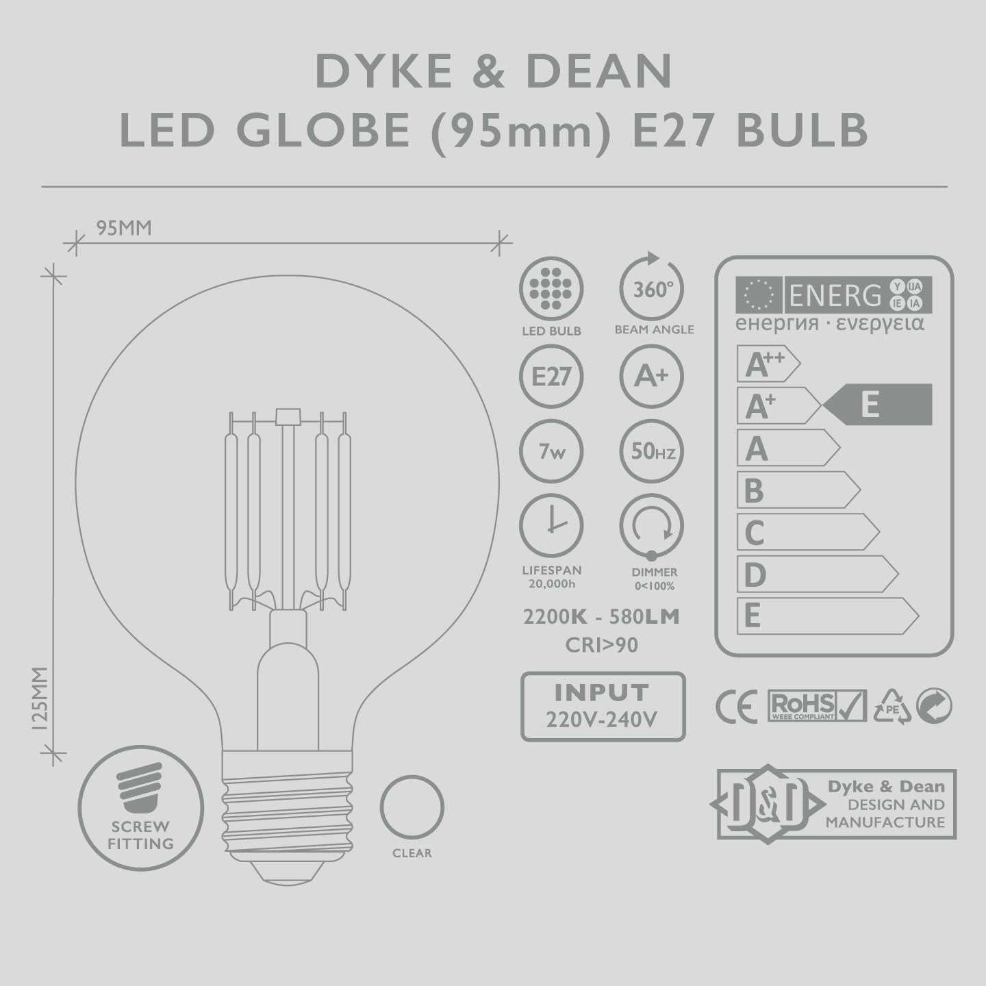 DYKE & DEAN LED GLOBE 95MM E27 BULB - DYKE & DEAN