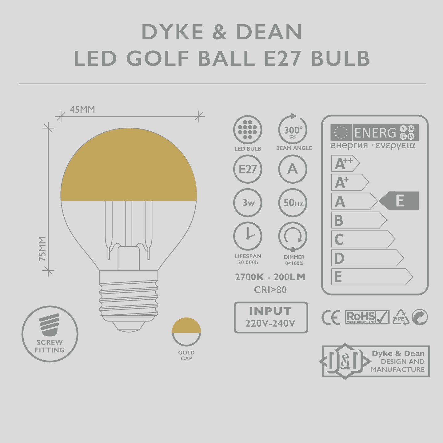 DYKE & DEAN LED GOLD CAP GOLF BALL E27 BULB - DYKE & DEAN