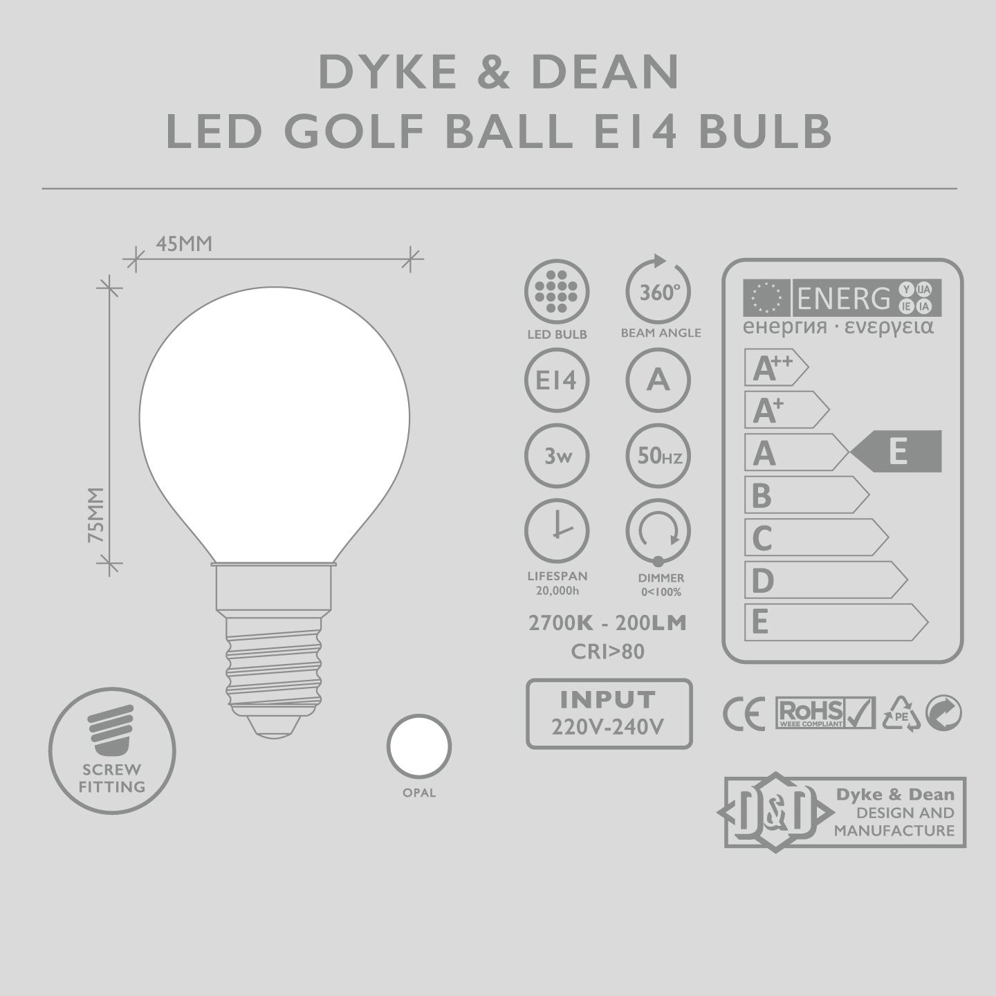 DYKE & DEAN LED GOLF BALL OPAL E14 BULB - DYKE & DEAN