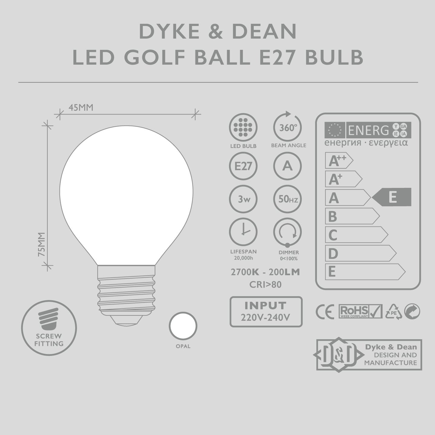 DYKE & DEAN LED GOLF BALL OPAL E27 BULB - DYKE & DEAN