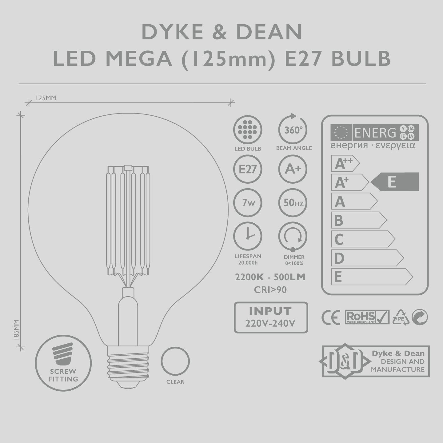 DYKE & DEAN LED MEGA EDISON 125MM E27 BULB - DYKE & DEAN
