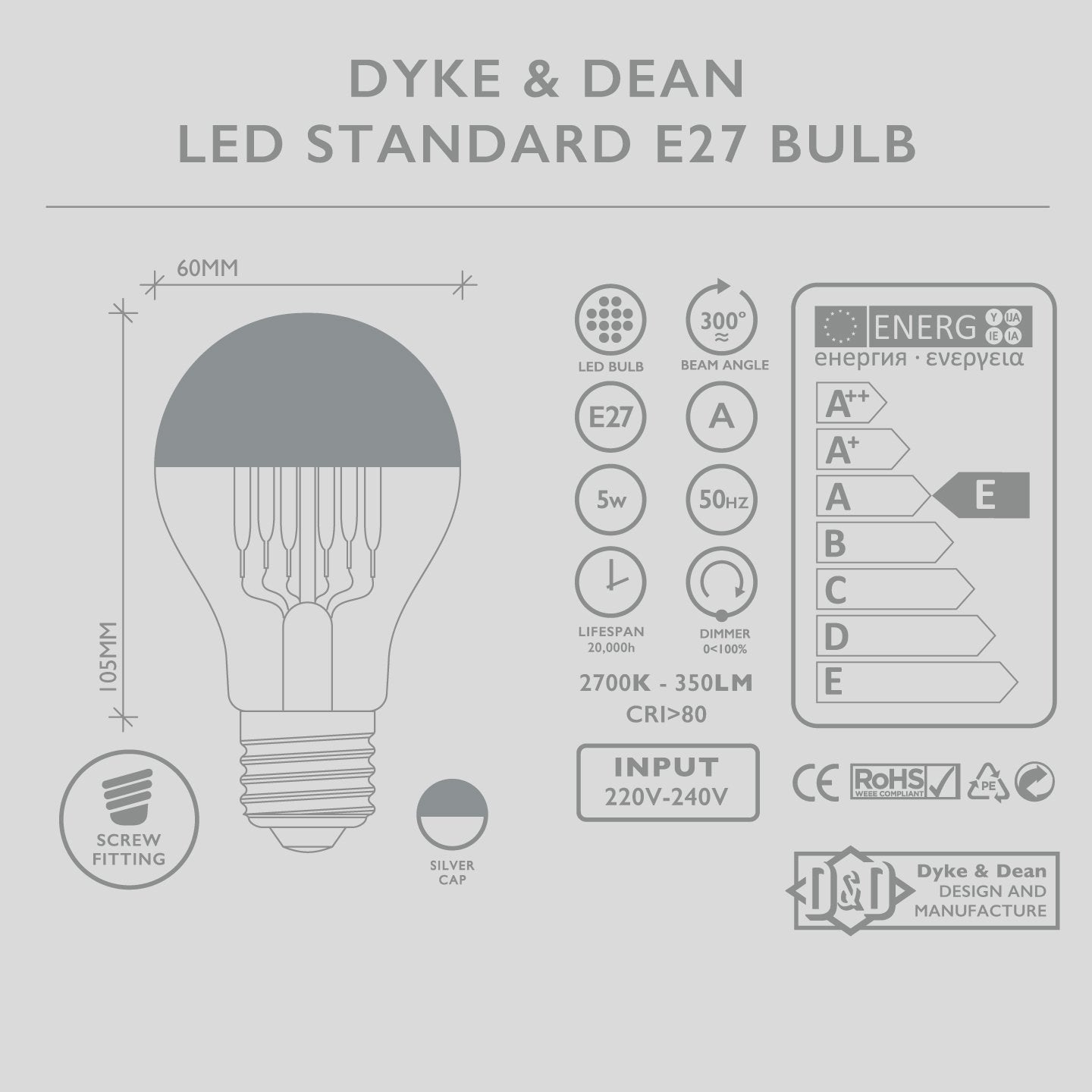 DYKE & DEAN LED SILVER CAP STANDARD E27 BULB - DYKE & DEAN