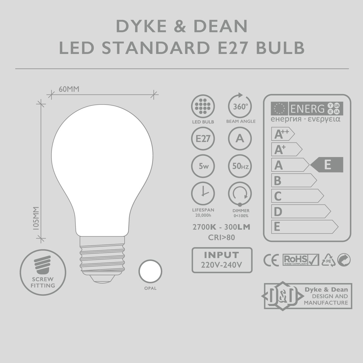 DYKE & DEAN LED STANDARD OPAL E27 BULB - DYKE & DEAN