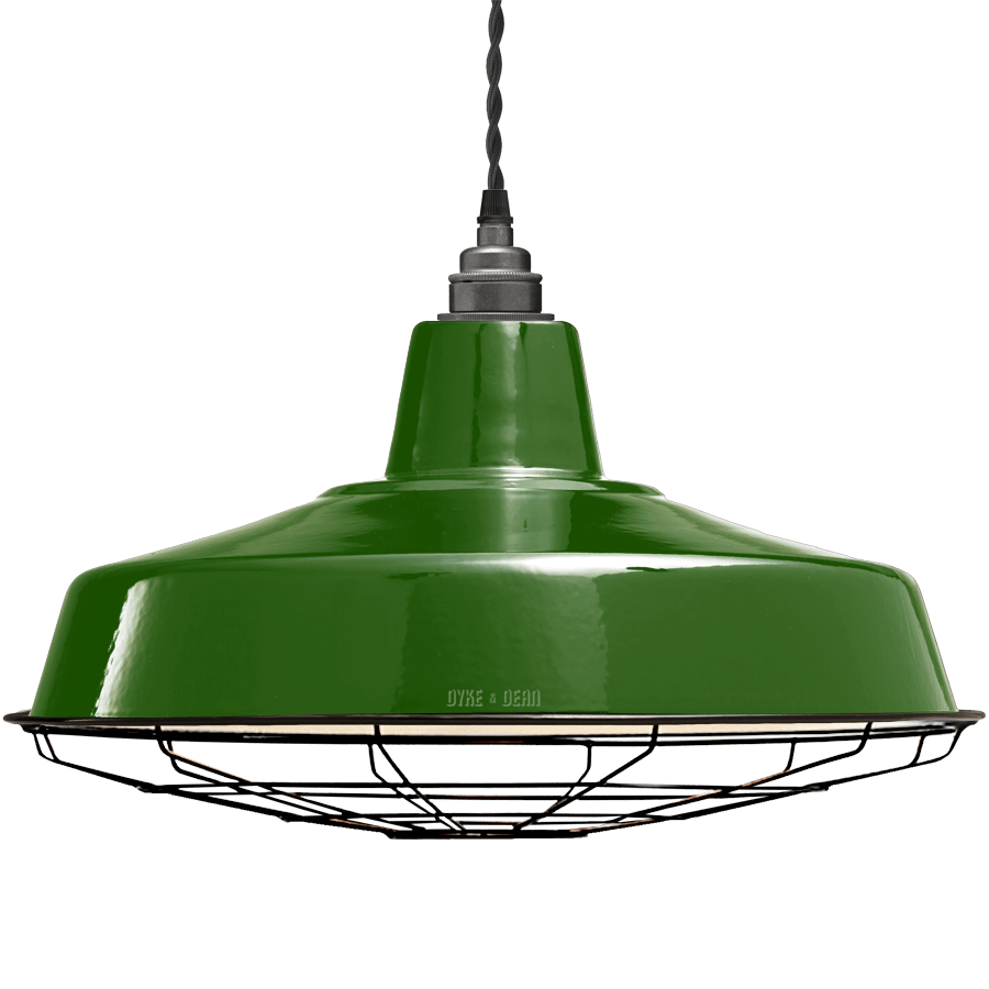 LARGE GREEN ENAMEL SHADE CAGED - DYKE & DEAN