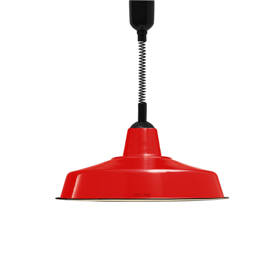 LARGE RED ENAMEL RETRACTABLE CORD LIGHT - DYKE & DEAN