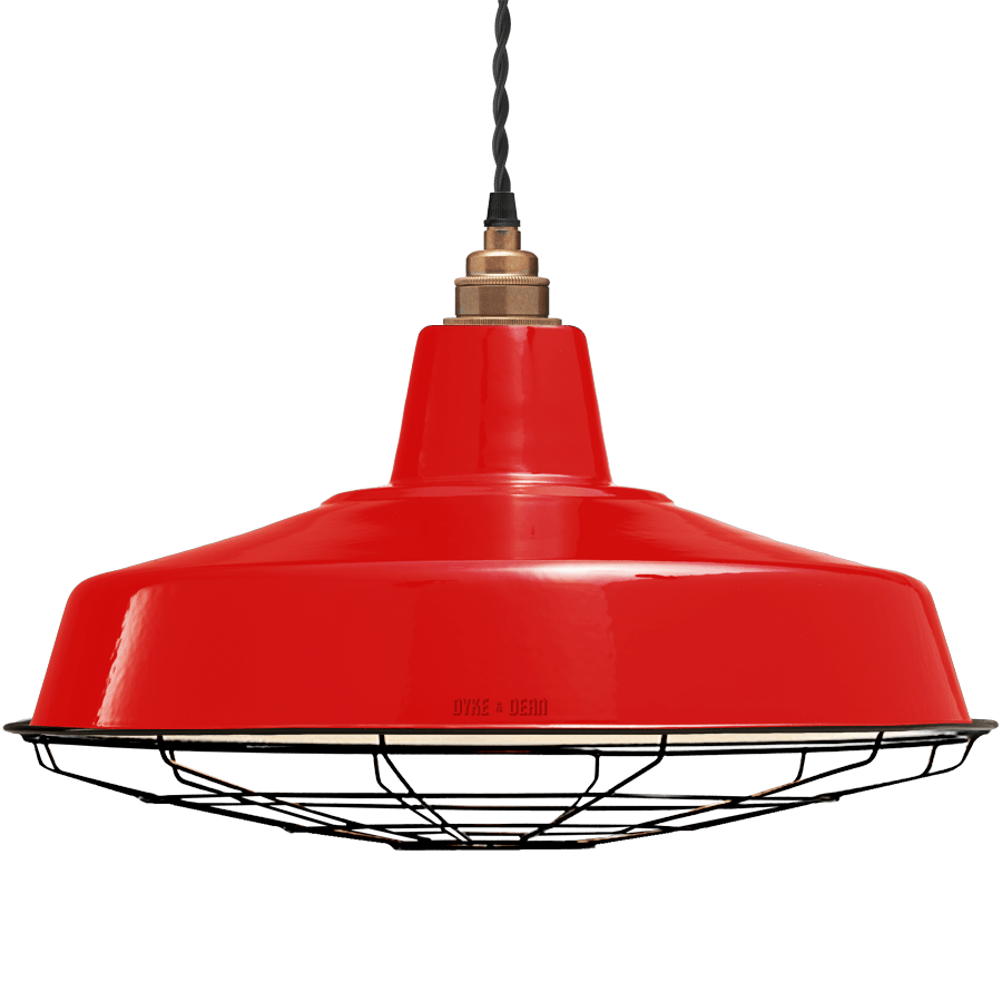 LARGE RED ENAMEL SHADE CAGED - DYKE & DEAN