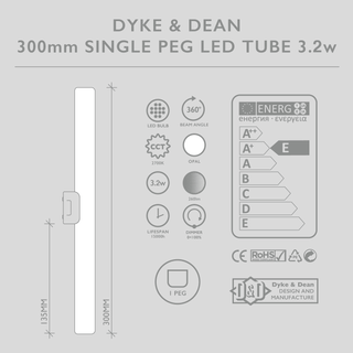 LED OPAL GLASS TUBE PEG BULB 3.2W 300MM - DYKE & DEAN