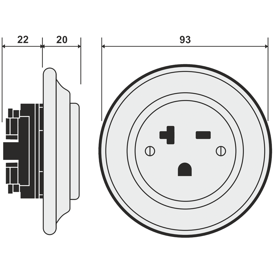 PORCELAIN WALL SOCKET GREY USA 20 AMP - DYKE & DEAN