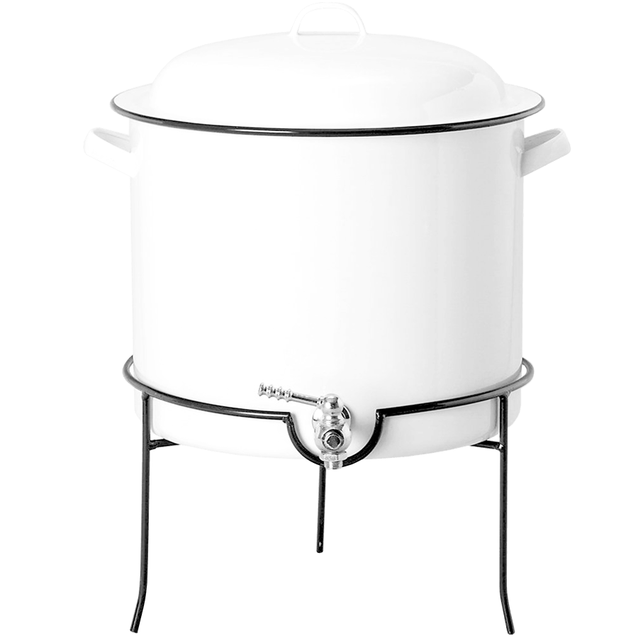 VINTAGE WHITE ENAMELWARE BEVERAGE DISPENSER WITH STAND DYKE & DEAN