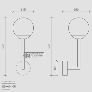 WALL ROD GLOBE LAMP BRASS 150mm - DYKE & DEAN