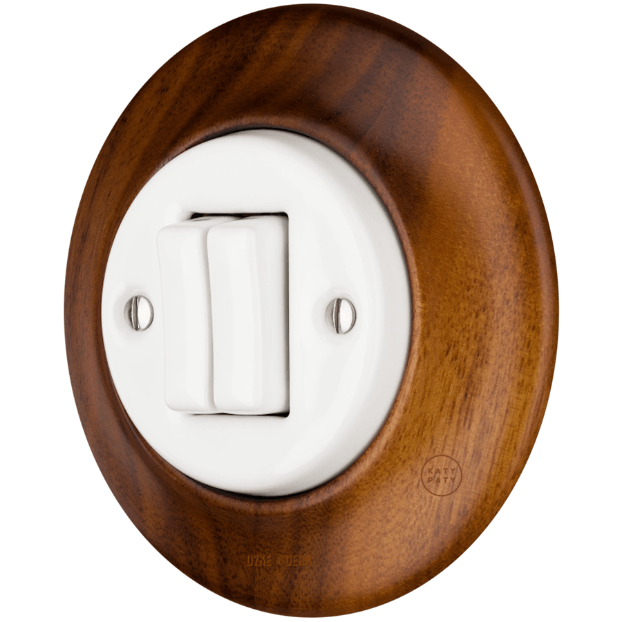 WOODEN PORCELAIN WALL LIGHT SWITCH NUC MAG DOUBLE - DYKE & DEAN