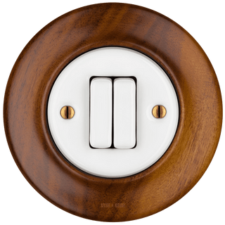 WOODEN PORCELAIN WALL LIGHT SWITCH NUC MAG DOUBLE - DYKE & DEAN