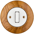 Robus wooden porcelain slim button light switch by Katy Paty in oak